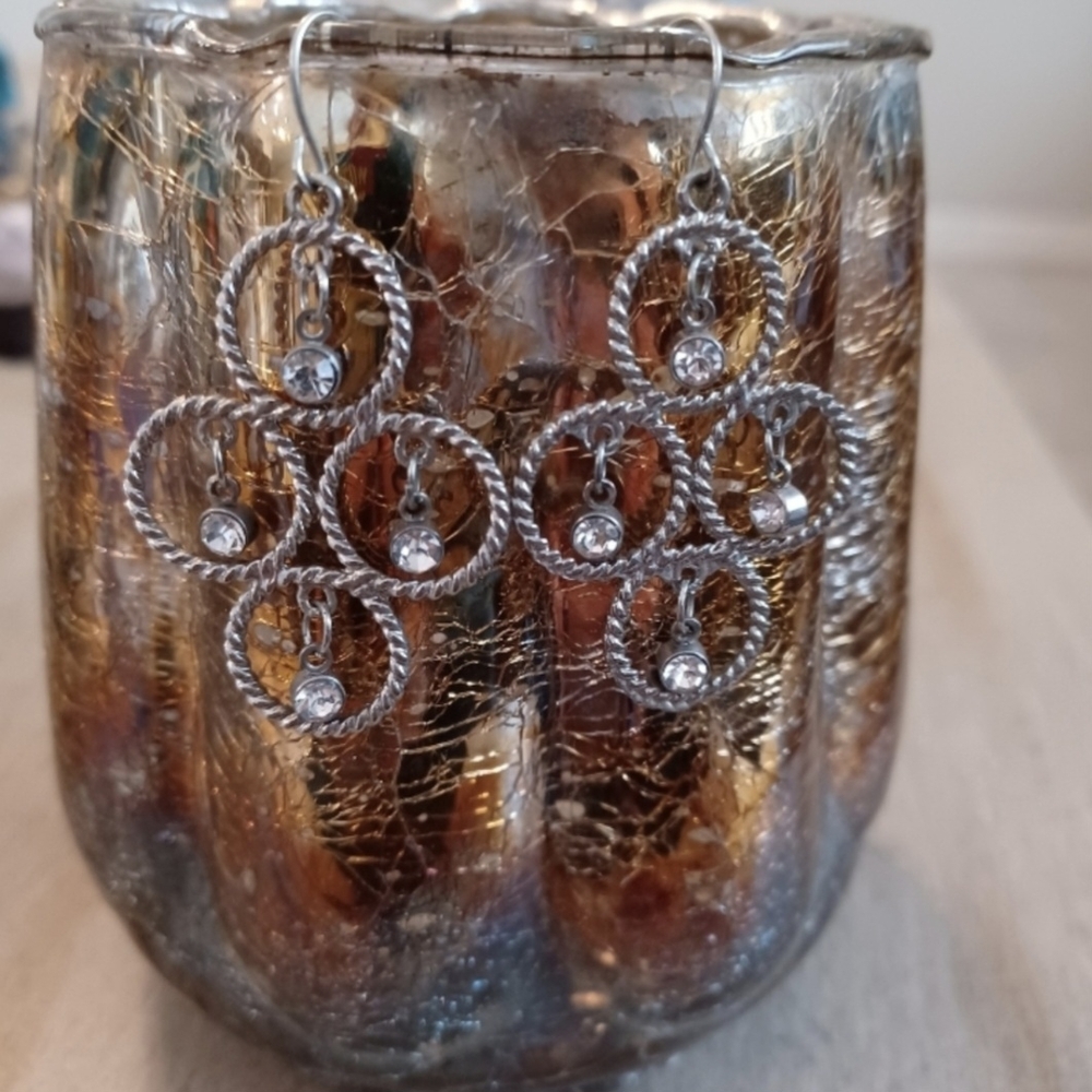 Rhinestones & Circles Silver Dangle Drop Earrings - Picture 2 of 2